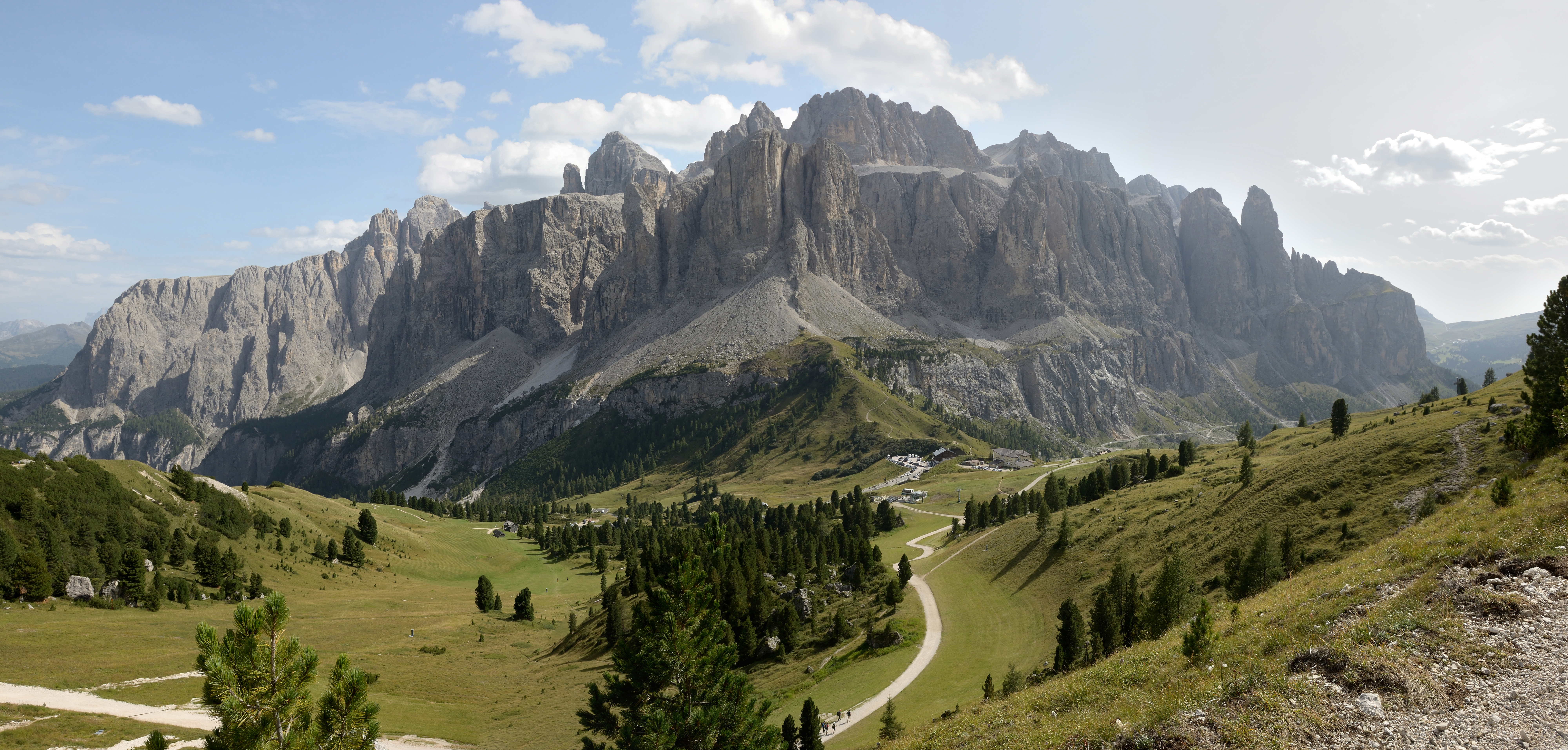 The Gardena Pass dominated by the Sella group.